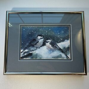 Vintage Kari Anderson watercolor print two chickadees in winter silver frame